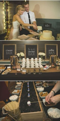 a couple cutting their wedding cake at the same time as they are getting ready to cut it