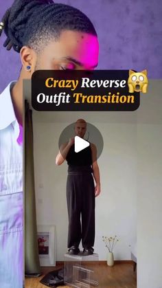 a woman standing on top of a wooden floor in front of a purple background with the words crazy reverse outfit transition