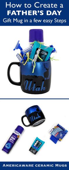 the gift mug is filled with items for father's day, and has been made into