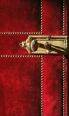 a close up of a red and gold door handle on a piece of velvet fabric