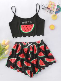 Free Returns ✓ Free Shipping✓. Slogan & Watermelon Bow Pajama Set- Women Pajama Sets at SHEIN. Cute Sleepwear, Cute Pajama Sets, Cute Dress Outfits, Cute Lazy Outfits, Cute Pajamas, Cute Preppy Outfits, Easy Trendy Outfits, Crop Top And Shorts, Cute Everyday Outfits