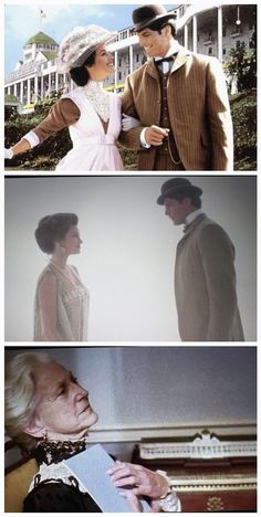 three different scenes from the same film, each with an older man and woman talking to each other