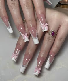 Coquette Valentines Nails, Nail Designs Coquette, Short Nail Designs Winter, Pink Acrylic Nails Coquette, Bling French Tip Nails, Medium Nail Designs, Nails Acrylic Bow Design, Nail Designs Holiday, Fall Nails Long