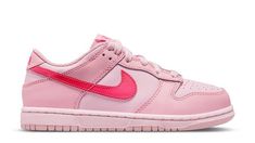 Nike Dunk Low Triple Pink (GS) This smaller-sized Dunk Low has a smooth leather construction showing off three shades of pink. The lightest hue covers the base while the overlays are in a more carnation pink. The darkest shade called Hyper Pink comes in the form of the profile Swooshes on both sides of the shoe as well as the tongue tab logo and the embroidered heel tab logo. A light pink sole unit finishes off the design of the shoe. Pink Airforce, Nike Dunk Low Triple Pink, Embroidered Heels, Pink Basket, Adidas Spezial, Nike Air Max Plus, Air Max Plus, Dark Shades, Grade School