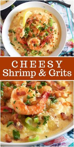 cheesy shrimp and grits in a white bowl on a colorful tablecloth