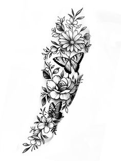 a black and white tattoo design with flowers, butterflies and leaves on the back of a woman's arm