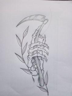 a pencil drawing of a plant with a knife stuck in it