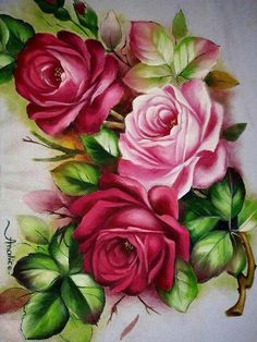 a painting of pink roses and green leaves