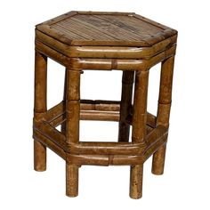 a small wooden stool with two legs and a square seat on the bottom, made out of bamboo