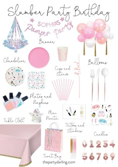 a birthday party with pink and white items, including balloons, plates, napkins, forks