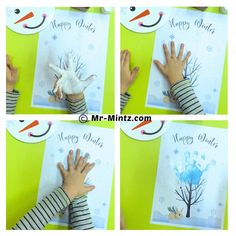 four pictures of hands and handprints with the words happy holidays on them, next to an image of a child's hand holding a paper tree