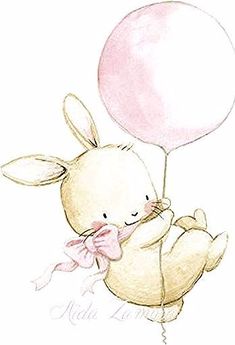 a drawing of a bunny holding a pink balloon