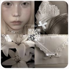 a collage of photos with white flowers and lace