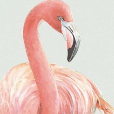 a watercolor painting of a pink flamingo with gold speckles on it's head