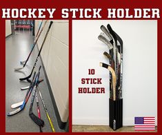 hockey stick holders are lined up against the wall