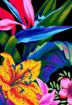 a painting of colorful flowers on a black background