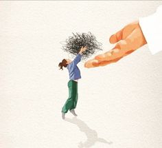 a drawing of a person reaching for a woman's hair in the air with her hand