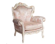 an old fashioned chair is upholstered in pink and white fabric with gold trimmings