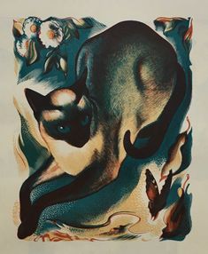 a painting of a siamese cat surrounded by butterflies and flowers