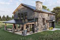 an artist's rendering of a modern farmhouse style home with a porch and covered patio