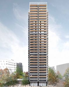 an artist's rendering of a tall building with balconies on the top