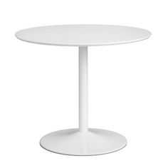 a white table with a round base on an isolated surface, viewed from the front