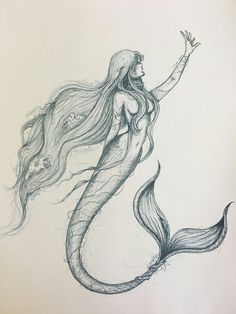 a drawing of a mermaid with long hair holding her hand up in the air while standing on