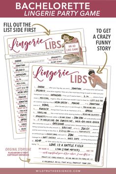 Looking for a bachelorette game that'll have the girls in tears from laughter?! This hilarious honeymoon & lingerie advice madlib is the perfect party game for your lingerie party, bridal shower, or bachelorette party. Plenty of potential to get wild n' crazy (wink wink). 🌈 INSTANT DOWNLOADDownload & play within minutes. After purchase, you'll receive an email with a button to download your game. 🌈 PROFESSIONAL NON-EDITABLE PDFThe files are flattened, meaning they are NOT EDITABLE. Sold as sho Lingerie Party Games, Lingerie Shower Games, Bachelorette Lingerie Party, Bridal Lingerie Shower, Lingerie Bachelorette, Bachelorette Game, Bachelorette Party Game, H Words, Bride Shower