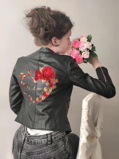 Wedding hand painted heart flower jacket  perfectly complements your style.  personalized gift it Custom Leather Bride Clothes. Floral bridal wedding jacket  Mrs for her, will make ceremony the happiest day of her life. This one-of-a-kind Mrs. wedding jacket is the perfect addition to your special day! Hand-painted flowers in the shape of a heart adorn this lovely jacket, making it a beautiful and unique piece for the bride and her bridesmaids. Add a touch of charm and elegance to your wedding e Mrs Jacket, Flower Jacket, Bride And Her Bridesmaids, Jacket Making, Wedding Hands, Wedding Jacket, Painted Hearts, For Her, Heart Flower