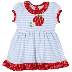 She'll be the apple of your eye in this adorable red dress! Perfect for back to school or any fun day, this dainty dress features a sweet apple applique and a soft, summery feel. Let her look cute and feel comfy in style! Spring Short Sleeve School Dress, Playful Cotton Dresses For School, Playful Fitted Dress For School, Cute Spring Dress For School, Cute School Dress For Spring, Sweet Red Short Sleeve Dress, Cute Red Dress For School, Red Short Sleeve School Dress, Red Fitted Dress For Playdate