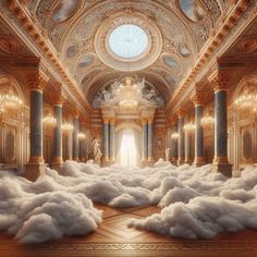 a large room filled with lots of clouds in front of a ceiling mounted light fixture