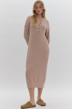 Long sleeve knitted midi dress. Soft Knit Long Sleeve Sweater Dress For Spring, Soft Knit Dresses For Fall, Soft Knit Fall Dresses, Fall Knit Long Sleeve Dresses, Long Beige Midi Dress For Fall, Beige Long Midi Dress For Fall, Fall Daywear Maxi Dress, Maxi Length Dresses For Daywear In Fall, Maxi Dresses For Daywear In Fall