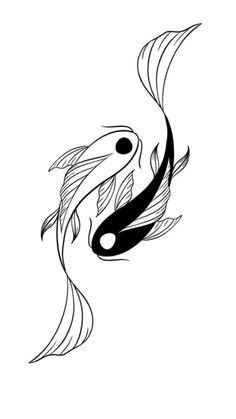 two black and white koi fish with long tails, one in the shape of a circle