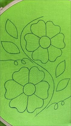 a green table cloth with flowers and leaves drawn on the fabric in front of it