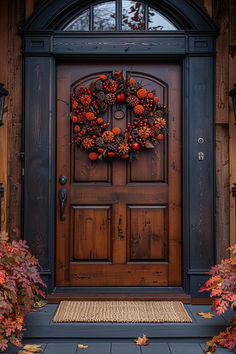 a wooden door with a wreath on it