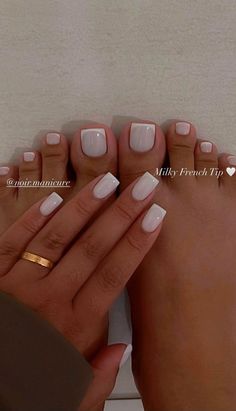 Short Square Manicure Nails, Short French Tip Pedicure, Milky White French Pedicure, Milk White Nails With French Tip, Short Classy Nail Ideas, Milk White Manicure, Matching French Manicure And Pedicure, Summer Nails Neutral Classy, Pedi And Mani Ideas Color Combos