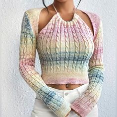 Gradient Cable Knit Sweater, Casual Cut Out Long Sleeve Sweater, Women's Clothing Fall Sweaters For Women, Crop Pullover, Ombre Gradient, Rainbow Crochet, High Waisted Shorts Denim, Comfy Hoodies, Cable Knit Sweater, Knit Hat, Baby Knitting Patterns