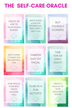 the self - care oracle book cover with eight cards in different colors and text on them