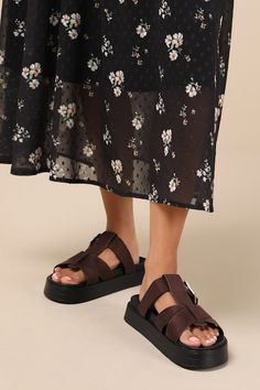 Create looks that are always chic and ready for fun with the Lulus Surie Chocolate Suede Strappy Flatform Slide Sandals! Soft, faux suede leather shapes these must-have sandals that feature an almond-shaped footbed and a cage-style upper composed of crisscrossing straps and an adjustable vamp strap that secures with a silver buckle detail. A .5"" contoured insole and a trendy flatform sole complete the sleek slide-on design! Available in whole sizes only. 1" flatform sole. Lightly cushioned cont Neutral Shoes, Tan Shoes, Buckle Sandals, Platform Shoes, Slide Sandals, Suede Leather, Faux Suede, Sandals, Leather