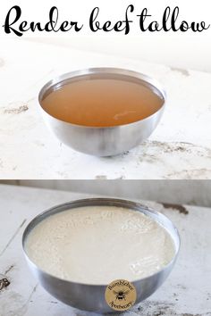 a metal bowl filled with liquid sitting on top of a table