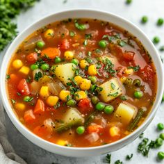 a white bowl filled with vegetable soup and garnished with parsley on the side