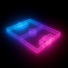 a neon glowing soccer field in the middle of a dark room with a black background