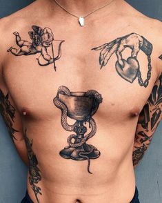 a man with many tattoos on his chest