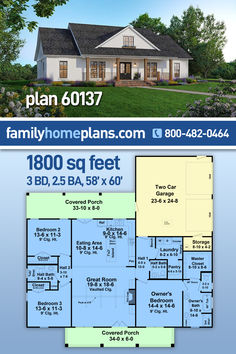 Ranch House Plan 60137 is open and inviting. Firstly, in entering the front door, you immediately feel the openness of the great room, kitchen, and dining area. The vaulted ceilings and gas log fireplace in the great room add to that open, inviting feeling. Arrange plush furniture around the fireplace and put your favorite family photos on the surrounding built-ins. The kitchen features an island with an eating bar which measures 7 feet wide by 3 feet deep. Ranch Style House Plans With Porch, 3 Bedroom 2000 Sq Ft House Plans, Floor Plans Two Master Suites, Barndominium 1800 Sq Ft, House Plans 1700 Sq Ft Open Floor, 1800 Sq Ft Farmhouse Plans, 3 Bed 2 Bath House Plans, Floor Plans 1800 Sq Ft, 1800 Square Foot House Plans