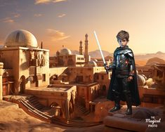 a young boy dressed as darth vader standing in front of a futuristic city