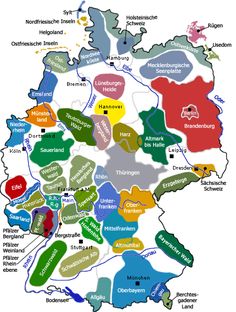 a map of germany with all the major cities and towns in different colors on it