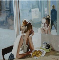 a painting of two women sitting at a table in front of a window, one talking on the phone