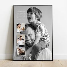 a black and white photo frame with an image of a father holding his son