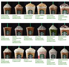 starbucks coffee drinks with different flavors and toppings