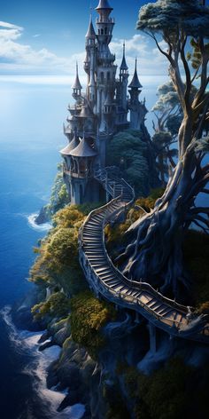 a fantasy castle on an island with stairs leading to it